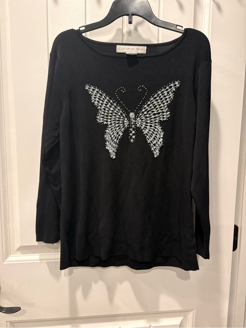 Lucia + Burns Black Long-Sleeve Tee with Crystal Butterfly Detail